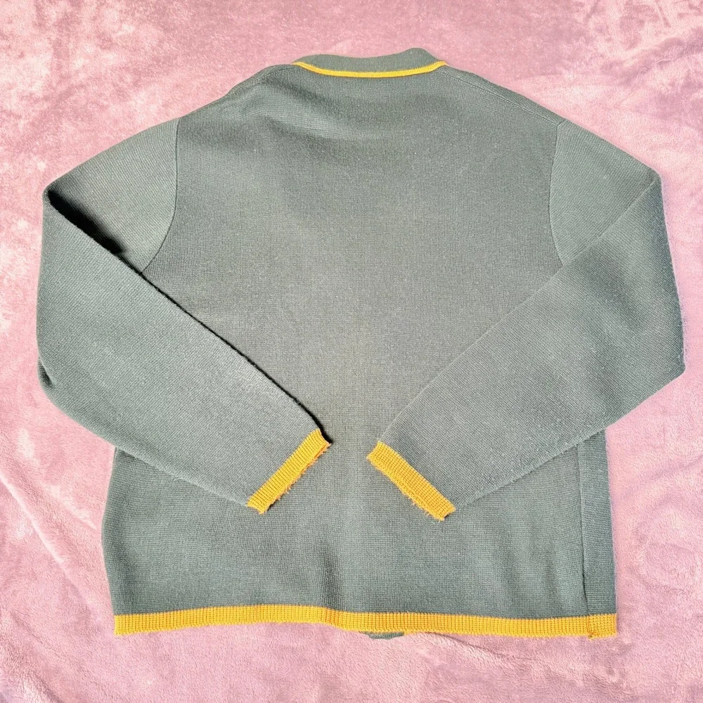 Vintage L Puritan Double Knit Cardigan Sweater Green Yellow Trim Orlon USA